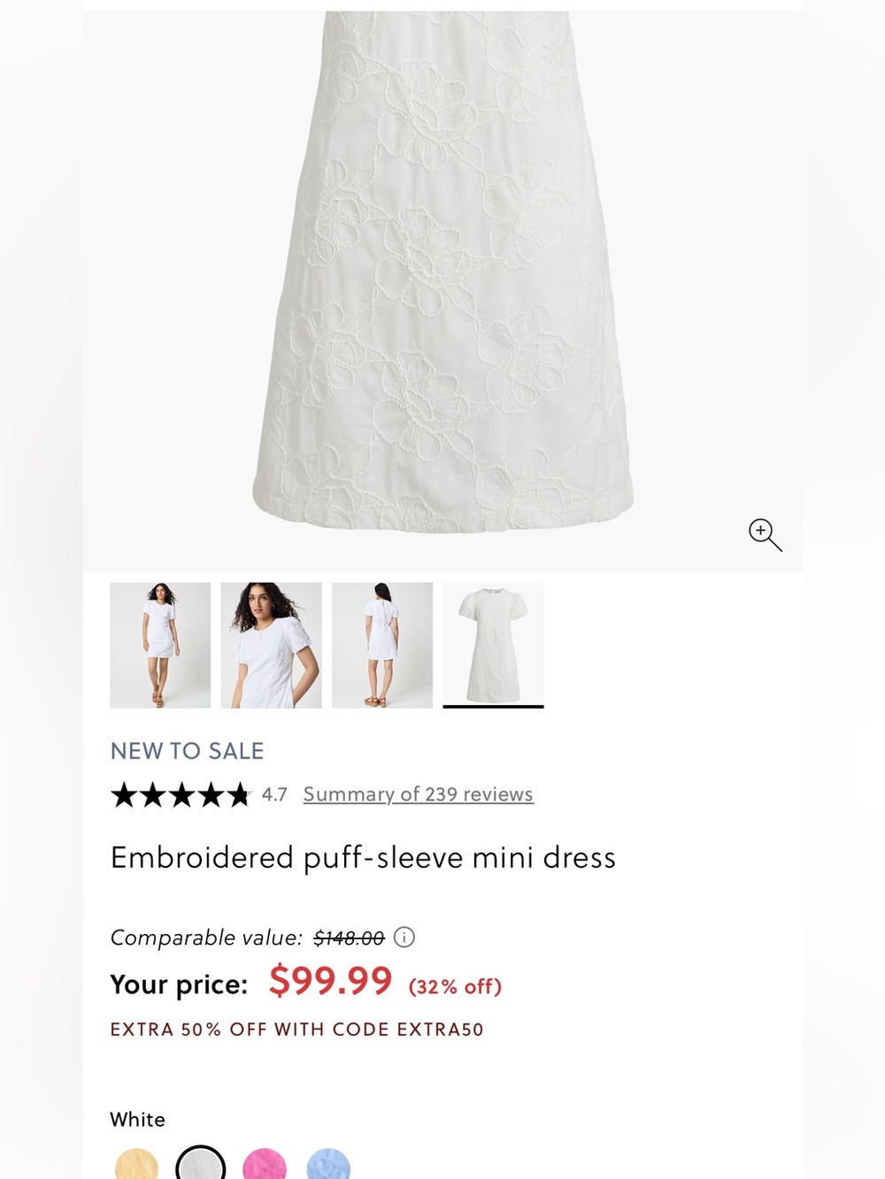 J. Crew white puff sleeve mini 100% cotton